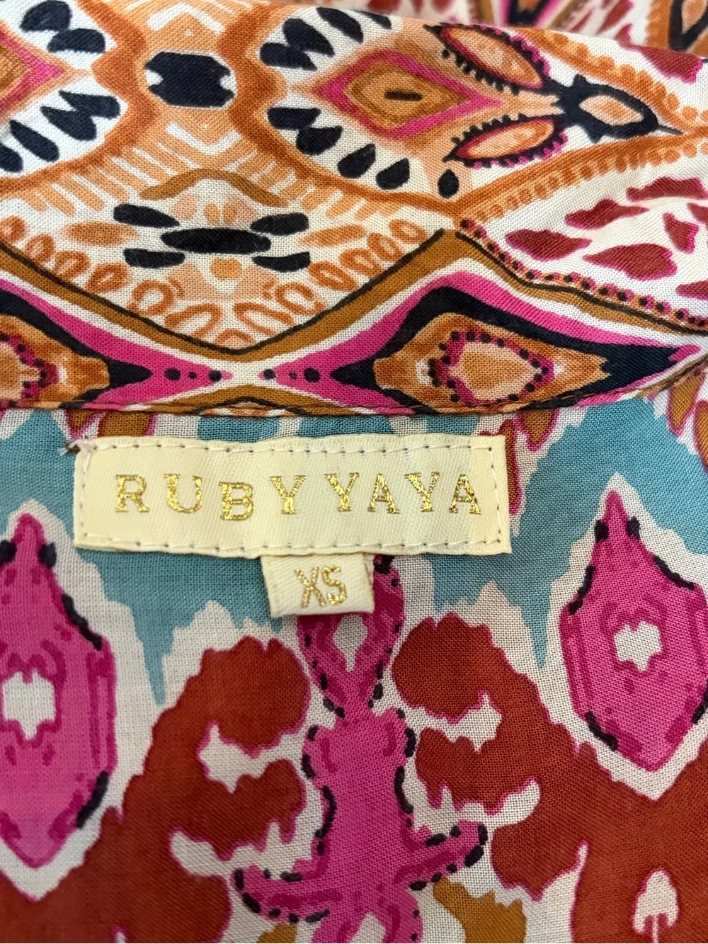 Ruby Yaya Boho Ikat Print Midi Shirt Dress Pink Orange Tiered Belted Festival xs